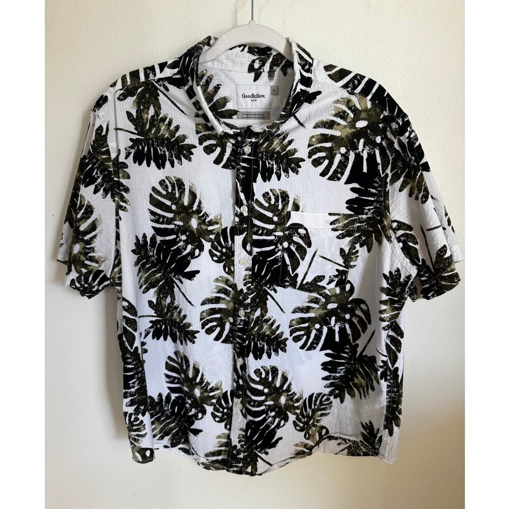 Goodfellow & Co Men's Hawaiian Floral Palm Button-Up Short-Sleeve XL Beach Green